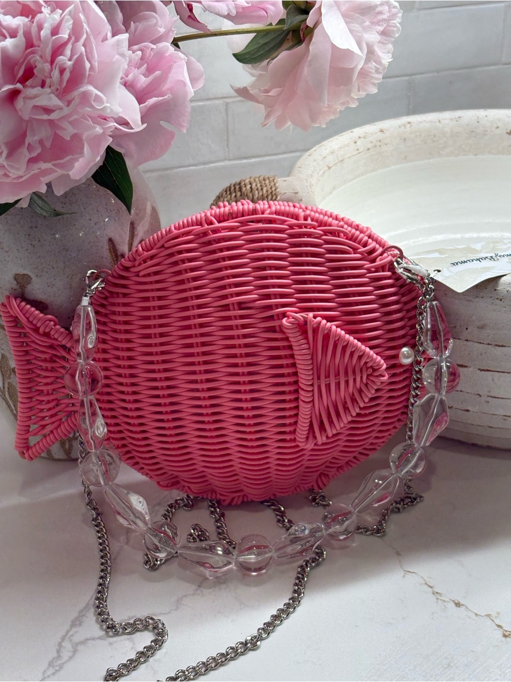 Tommy Bahama Pink Wicker Fish Crossbody Bag with Beaded Chain